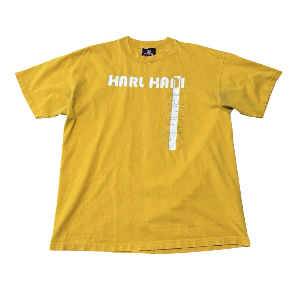 Vintage Karl Kani Men's Graphic T Shirt Yellow Made in USA Size XL 23 x 29.5